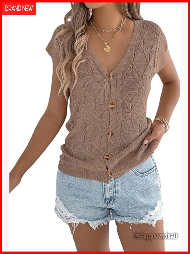 Sweater Vest V Neck Cap Sleeve Button Down Knit Tank Top